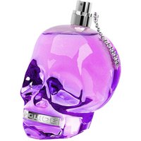 Purple skull-shaped Police To Be Woman Eau de Parfum bottle with silver spray nozzle and chain.