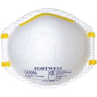 White Portwest FFP1 disposable dust mask with yellow straps and printed certification details.