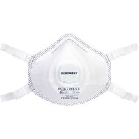 White Portwest FFP3 dust mask with adjustable straps, exhalation valve, and printed branding on the front.