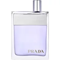 Clear glass bottle of Prada Amber Pour Homme Eau De Toilette with silver cap and lavender liquid, 100ml.
