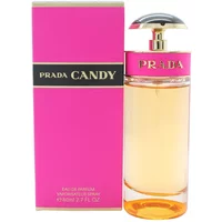 Prada Candy Eau De Parfum 80ml with pink and gold bottle, black label, and matching pink box.