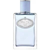 Clear glass bottle of Prada Infusion d'Amande Eau De Parfum, 100ml, with a silver label and light blue cap.