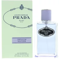 Clear glass bottle with purple cap, Prada Infusion De Figue Eau De Parfum, lavender label, 100ml.