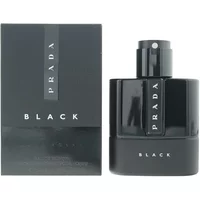 Black Prada Luna Rossa perfume bottle with sleek design, 50ml, next to matching black box with silver lettering.