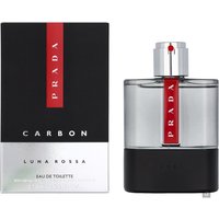 Prada Luna Rossa Carbon Eau de Toilette 100ml, sleek silver and black bottle with red stripe, next to matching box.