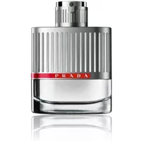 Prada Luna Rossa Eau De Toilette 100ml, silver ribbed bottle with red stripe and clear base.
