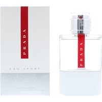 Clear glass Prada Luna Rossa Eau Sport bottle with red stripe and silver cap, next to matching white box.