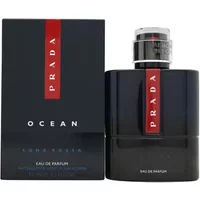 Prada Luna Rossa Ocean Eau De Parfum 100ml, sleek dark blue bottle with red stripe and silver cap.
