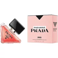 Prada Paradoxe Intense Eau De Parfum 50ml, pink triangular bottle with black cap, next to pink box.