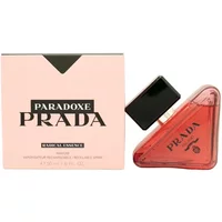 Prada Paradoxe Radical Essence Parfum 90ml, pink triangular bottle with black cap, next to matching pink box.