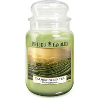 Large jar candle with green wax, labeled "Calming Green Tea" by Price's Candles, featuring a tea plantation image.