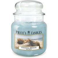 Medium jar candle with blue wax, labeled "Coastal Breeze" by Price's Candles, featuring a beach scene on the label.