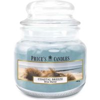 Small jar candle with blue wax, labeled "Coastal Breeze" by Price's Candles, featuring a beach scene on the label.
