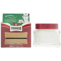 Proraso Pre-Shaving Cream 100ml in clear jar with red lid, green and red box featuring vintage design.