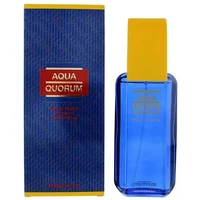 Puig Aqua Quorum Eau De Toilette 100ml, blue rectangular bottle with yellow cap, matching blue box with red label.
