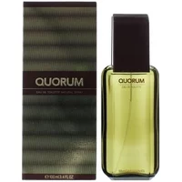 Puig Quorum Eau De Toilette 100ml in a rectangular green bottle with a dark brown cap, next to matching box.