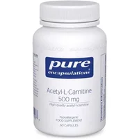 White bottle of Pure Encapsulations Acetyl-L-Carnitine 500mg, 60 capsules, blue label with white text.