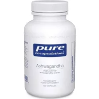 White bottle of Pure Encapsulations Ashwagandha Capsules with blue label, contains 120 capsules.