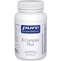 Pure Encapsulations B-Complex Plus white bottle with blue label, 120 capsules, hypoallergenic food supplement.