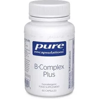 Pure Encapsulations B-Complex Plus white bottle with blue label, 60 capsules, hypoallergenic food supplement.