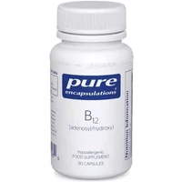 Pure Encapsulations B12 adenosyl/hydroxy capsules in a white bottle with blue label, 90 capsules.