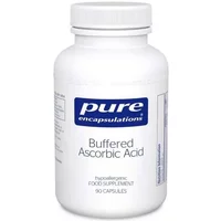 White bottle of Pure Encapsulations Buffered Ascorbic Acid, blue label, 90 capsules.