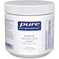 White jar of Pure Encapsulations Buffered Ascorbic Acid Powder with blue label and white screw-on lid.