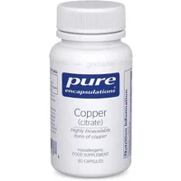 White bottle of Pure Encapsulations Copper Citrate with blue label, 60 capsules, hypoallergenic food supplement.