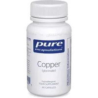 White bottle of Pure Encapsulations Copper Glycinate, blue label, 60 capsules, dietary supplement.