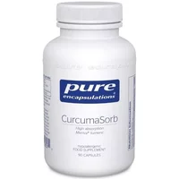White bottle of Pure Encapsulations CurcumaSorb capsules with blue label and 90 capsules indicated.
