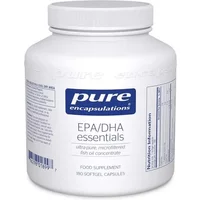 White bottle of Pure Encapsulations EPA/DHA Essentials with blue label, 180 softgels, nutritional information on side.