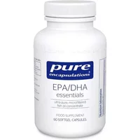 White bottle of Pure Encapsulations EPA/DHA Essentials with blue label, containing 90 softgel capsules.