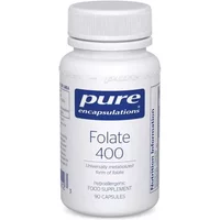 White bottle of Pure Encapsulations Folate 400 with blue label, containing 90 capsules.