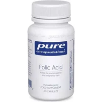 White bottle of Pure Encapsulations Folic Acid Capsules with blue label, 60 capsules.