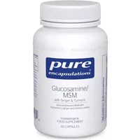White bottle of Pure Encapsulations Glucosamine/MSM capsules with blue label and 60 capsules.