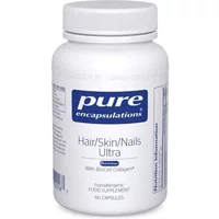 White bottle of Pure Encapsulations Hair Skin Nails Ultra capsules with blue label, 60 capsules.