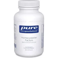 White bottle of Pure Encapsulations Homocysteine Factors, blue label, 180 capsules, dietary supplement.