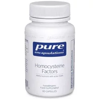 White bottle of Pure Encapsulations Homocysteine Factors, blue label, 60 capsules, hypoallergenic supplement.