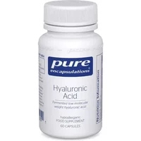 White bottle of Pure Encapsulations Hyaluronic Acid capsules with blue label and 60 capsules inside.