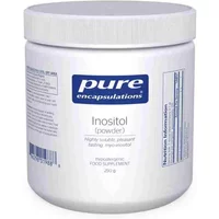 White Pure Encapsulations Inositol Powder jar, blue label, 250g, with screw-on lid and product details printed on the side.