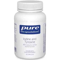 White bottle of Pure Encapsulations Iodine & Tyrosine Capsules with blue label, 60 capsules.