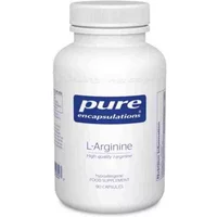 White bottle of Pure Encapsulations l-Arginine capsules with blue label and white cap, containing 90 capsules.
