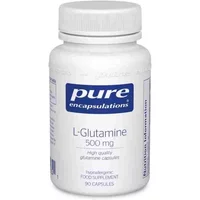 White bottle of Pure Encapsulations L-Glutamine 500mg with blue label, 90 capsules.