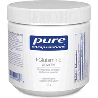White Pure Encapsulations l-Glutamine Powder jar, blue label, 227g, screw-top lid, nutritional info on side.