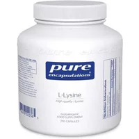 White Pure Encapsulations l-Lysine bottle with blue label, 270 capsules, dietary supplement.