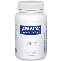 White Pure Encapsulations l-Lysine bottle with blue label, 90 capsules, hypoallergenic dietary supplement.