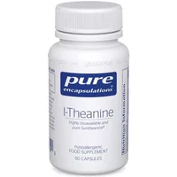 White bottle of Pure Encapsulations l-Theanine capsules with blue label, 60 capsules.