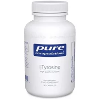 White bottle of Pure Encapsulations l-Tyrosine capsules with blue label, 90 capsules.