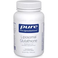 White bottle of Pure Encapsulations Liposomal Glutathione with blue label, 60 softgel capsules.