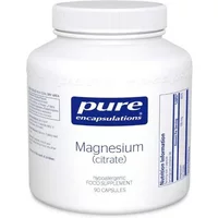 White bottle of Pure Encapsulations Magnesium Citrate, blue label, 90 capsules, hypoallergenic supplement.